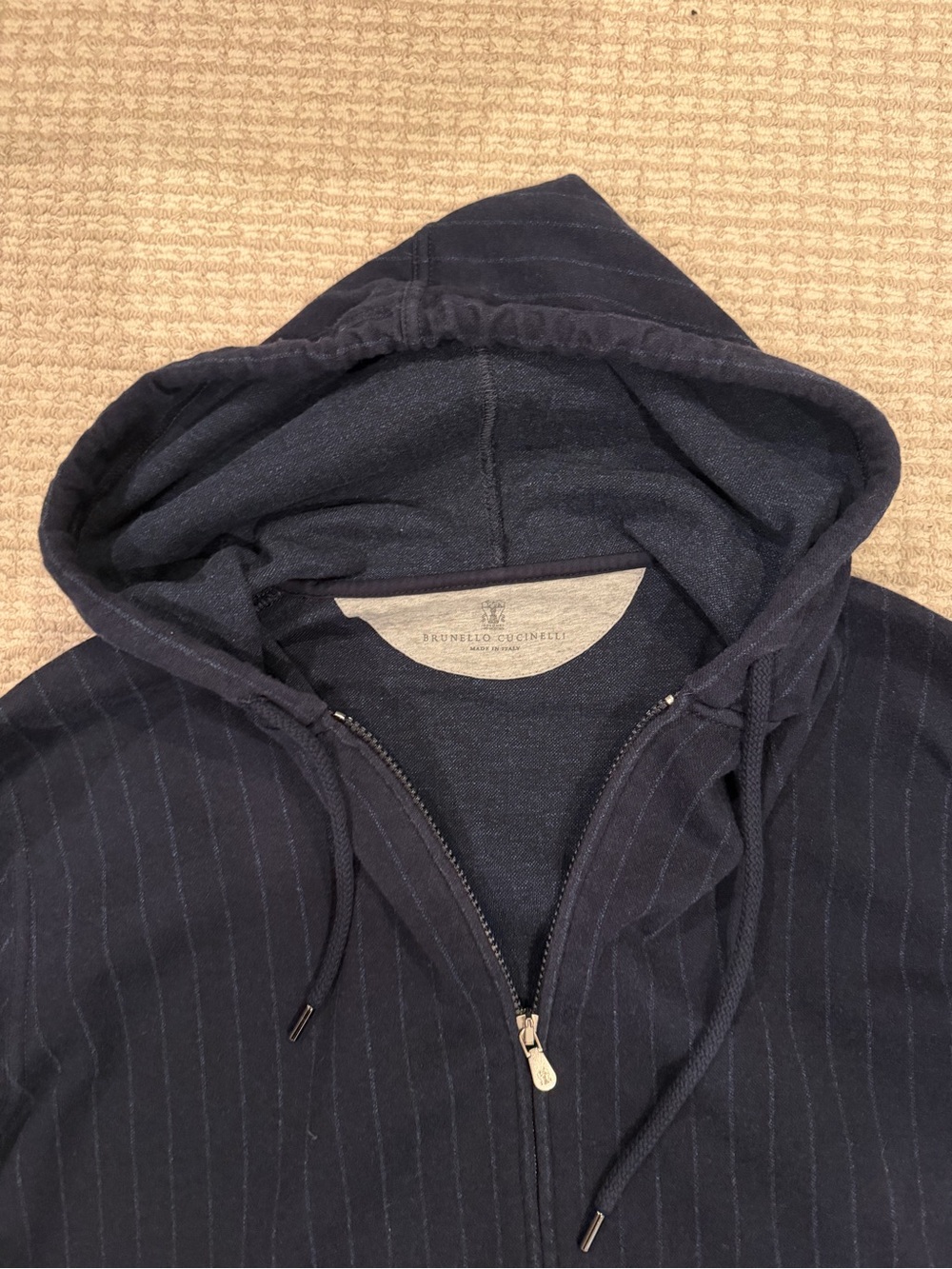 Brunello Cucinelli Men's Navy Chalkstripe Zip Hooded Sweater